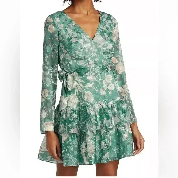 Marchesa Notte Long Sleeved V-neck Tiered Chiffon
Mini Dress in Sage - Picture 3 of 16